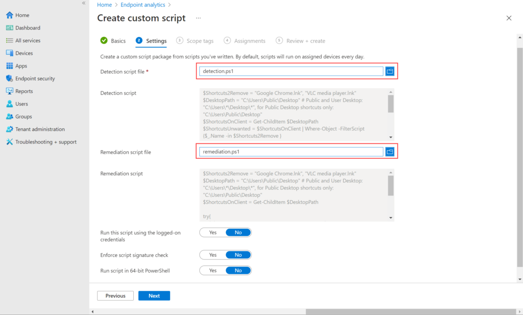 Uploading detection and remediation scripts for Proactive Remediation
